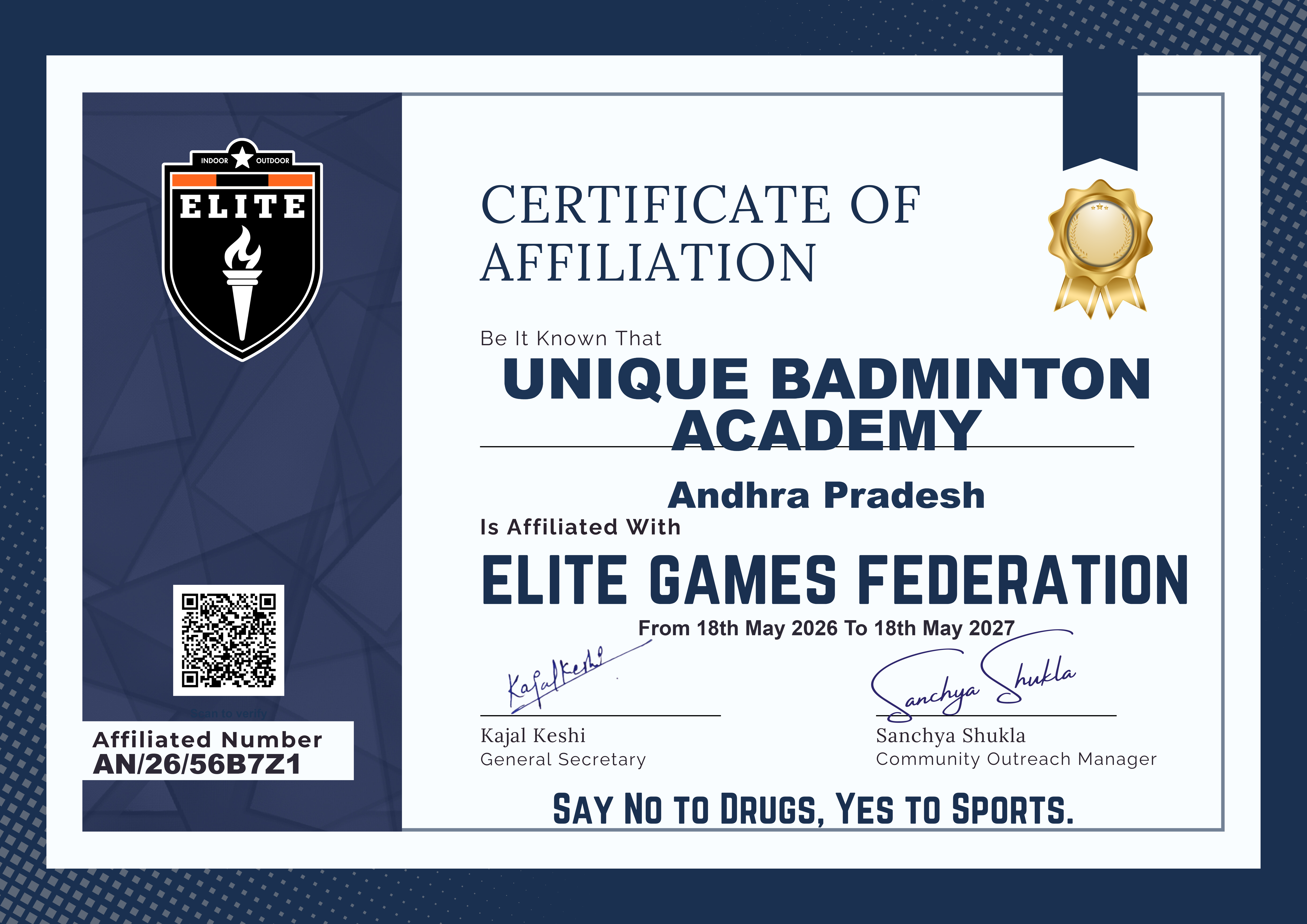 Unique Badminton Academy sample affiliation certificate